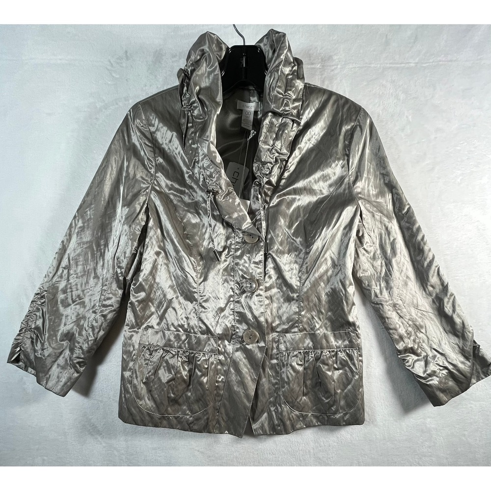 NWT Chicos Size 00 womens XS Jacket Pewter Shimmer Metallic Shawl Collar